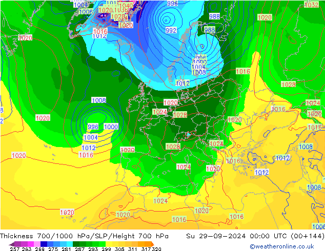 Thck 700-1000 hPa GFS Su 29.09.2024 00 UTC