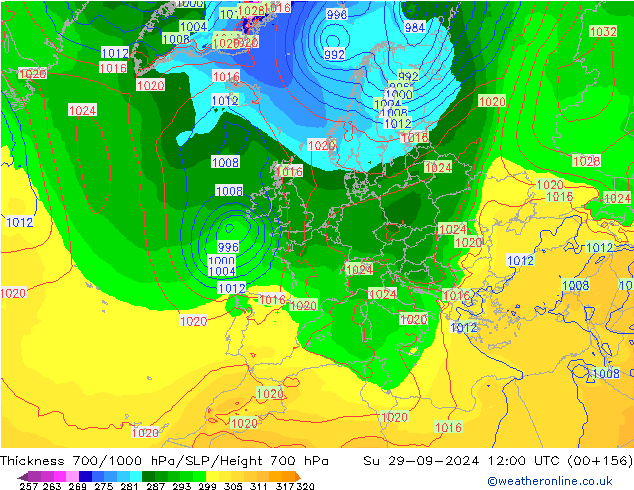 Thck 700-1000 hPa GFS dom 29.09.2024 12 UTC