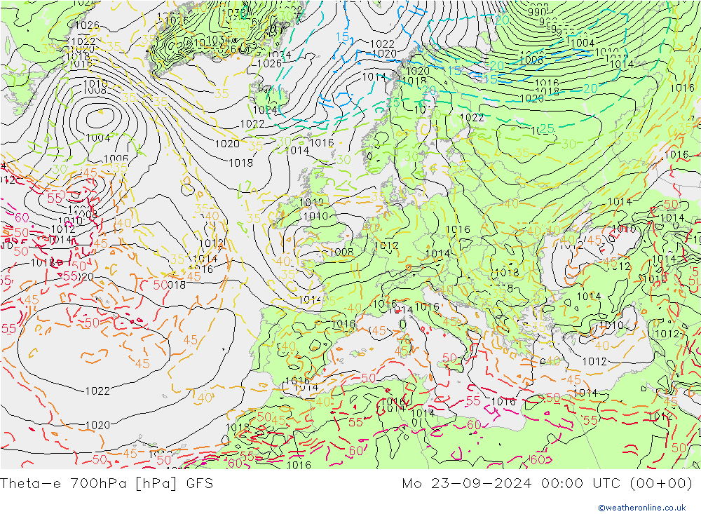 Theta-e 700hPa GFS Seg 23.09.2024 00 UTC