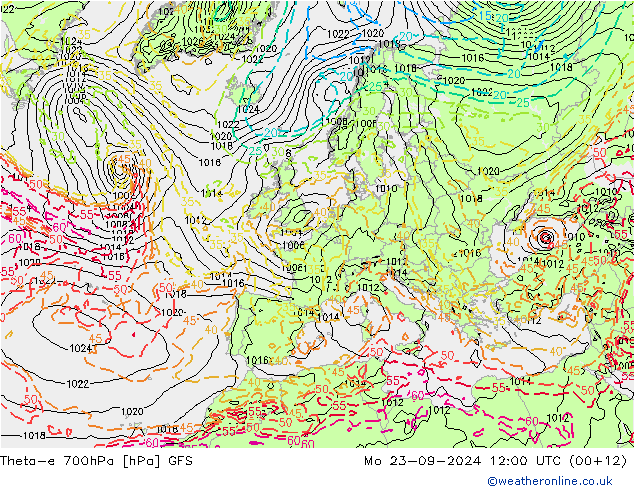 Theta-e 700hPa GFS lun 23.09.2024 12 UTC