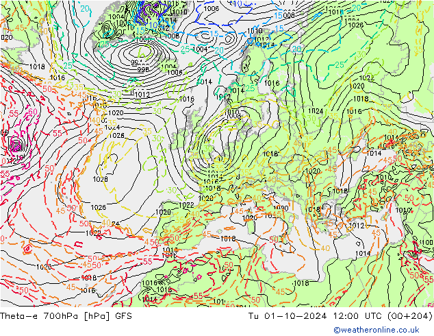 Theta-e 700hPa GFS Tu 01.10.2024 12 UTC