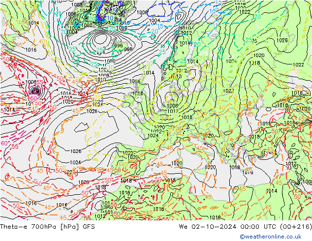 Theta-e 700hPa GFS We 02.10.2024 00 UTC