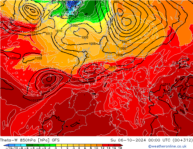 Theta-W 850hPa GFS zo 06.10.2024 00 UTC