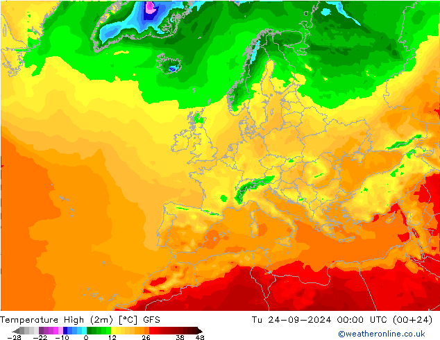 temperatura máx. (2m) GFS Ter 24.09.2024 00 UTC