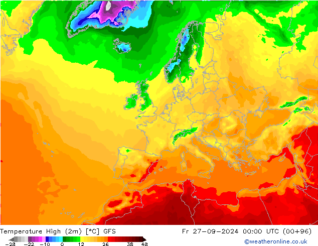 Темпер. макс 2т GFS пт 27.09.2024 00 UTC