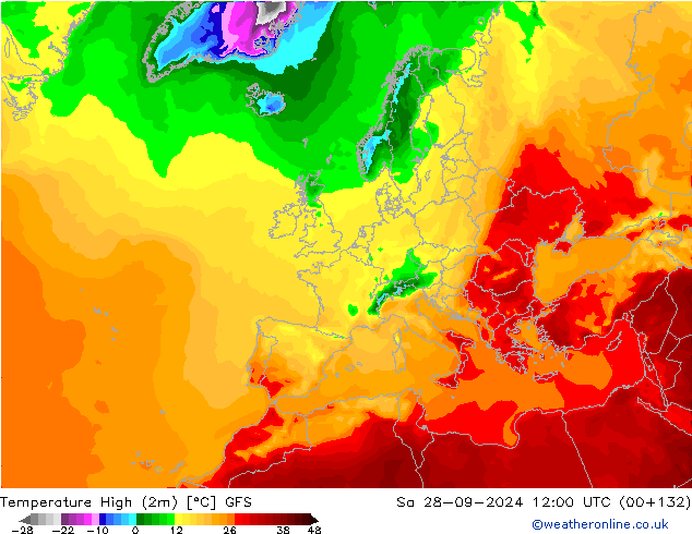 Темпер. макс 2т GFS сб 28.09.2024 12 UTC