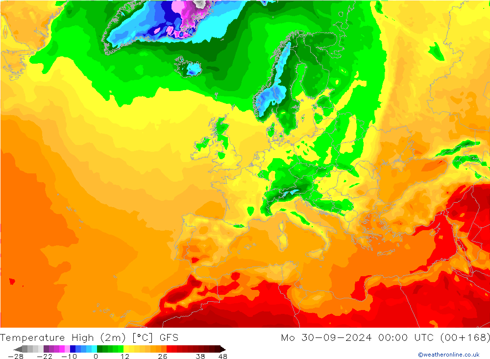 Temperature High (2m) GFS Mo 30.09.2024 00 UTC