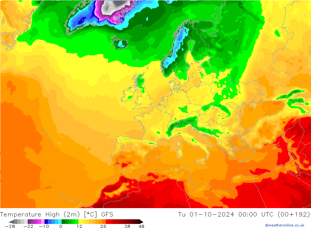 Temperature High (2m) GFS Tu 01.10.2024 00 UTC