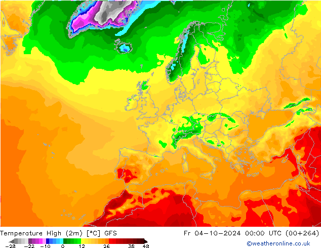 Max.temperatuur (2m) GFS vr 04.10.2024 00 UTC