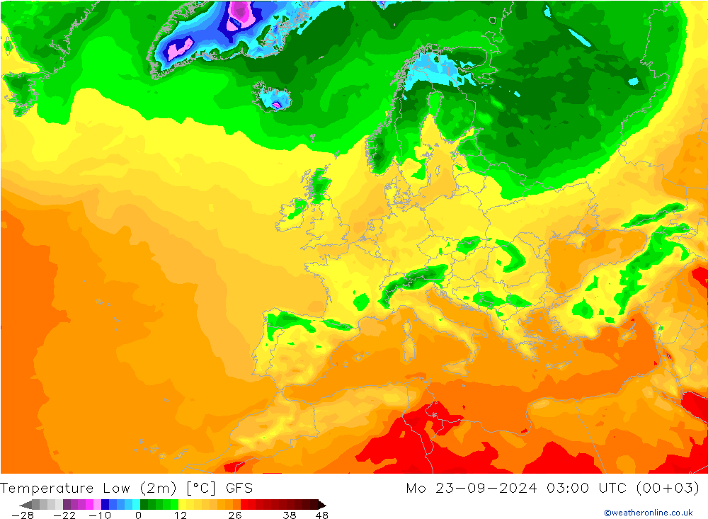 Min. Temperatura (2m) GFS pon. 23.09.2024 03 UTC