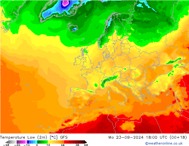 Nejnižší teplota (2m) GFS Po 23.09.2024 18 UTC