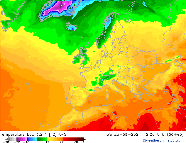 Min.temperatuur (2m) GFS wo 25.09.2024 12 UTC