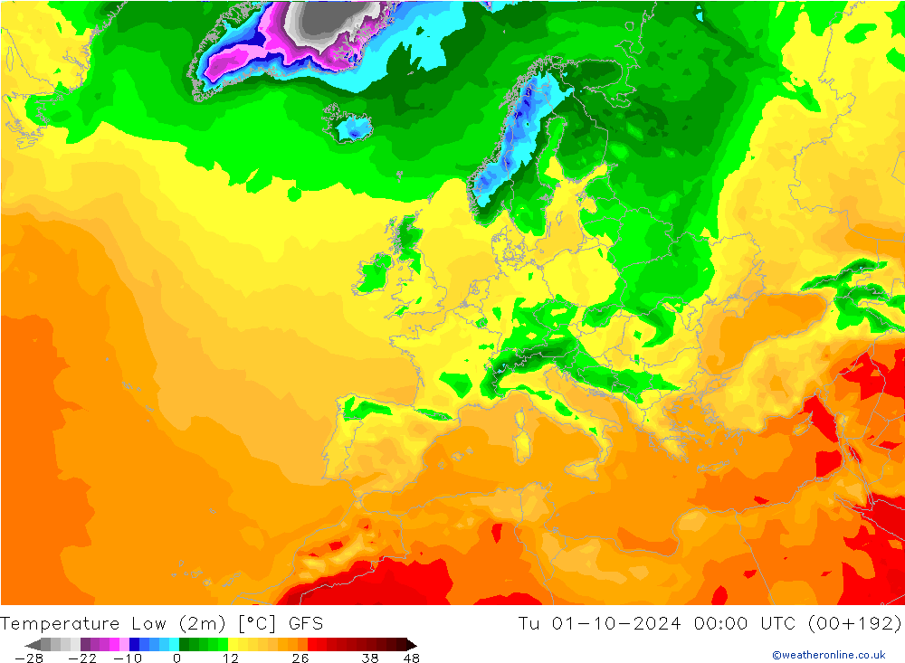 Temperature Low (2m) GFS Tu 01.10.2024 00 UTC