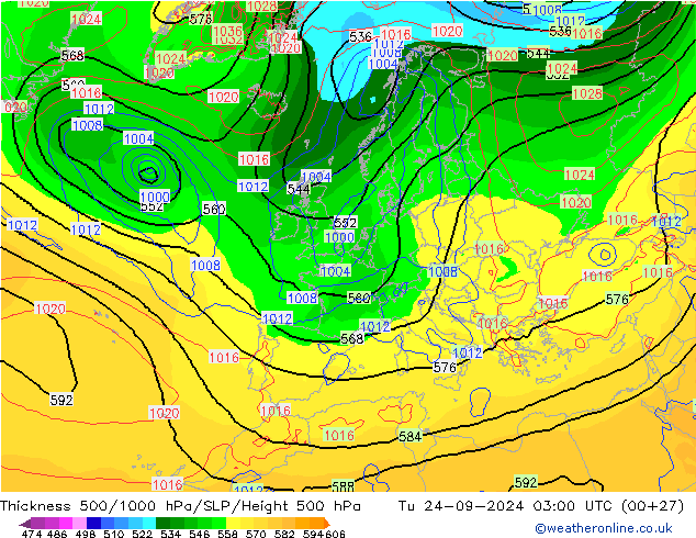 Espesor 500-1000 hPa GFS mar 24.09.2024 03 UTC