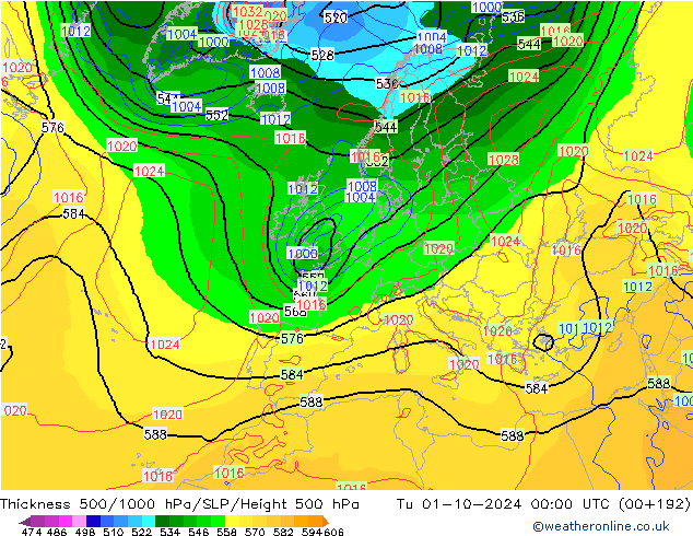 Thck 500-1000hPa GFS  01.10.2024 00 UTC