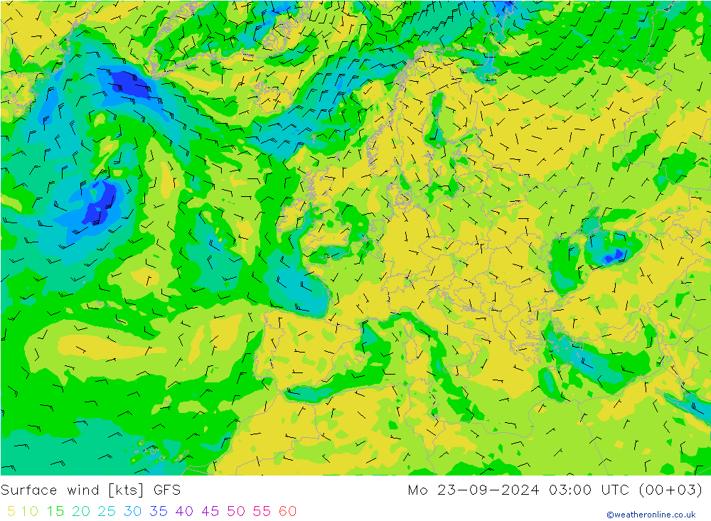 wiatr 10 m GFS pon. 23.09.2024 03 UTC