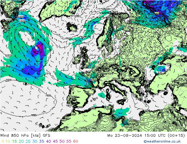 Viento 850 hPa GFS lun 23.09.2024 15 UTC