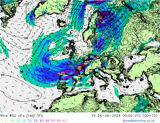 Viento 850 hPa GFS jue 26.09.2024 00 UTC