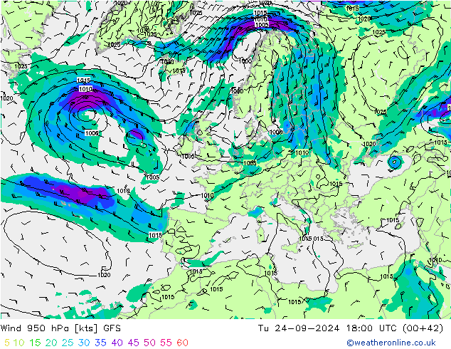 Vent 950 hPa GFS mar 24.09.2024 18 UTC