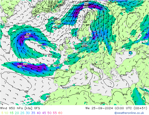 Vento 950 hPa GFS Qua 25.09.2024 03 UTC