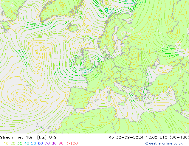 Ligne de courant 10m GFS lun 30.09.2024 12 UTC