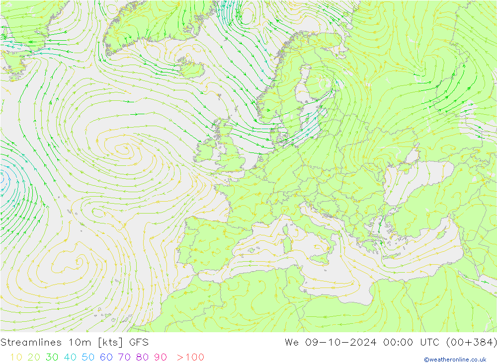 Linia prądu 10m GFS śro. 09.10.2024 00 UTC