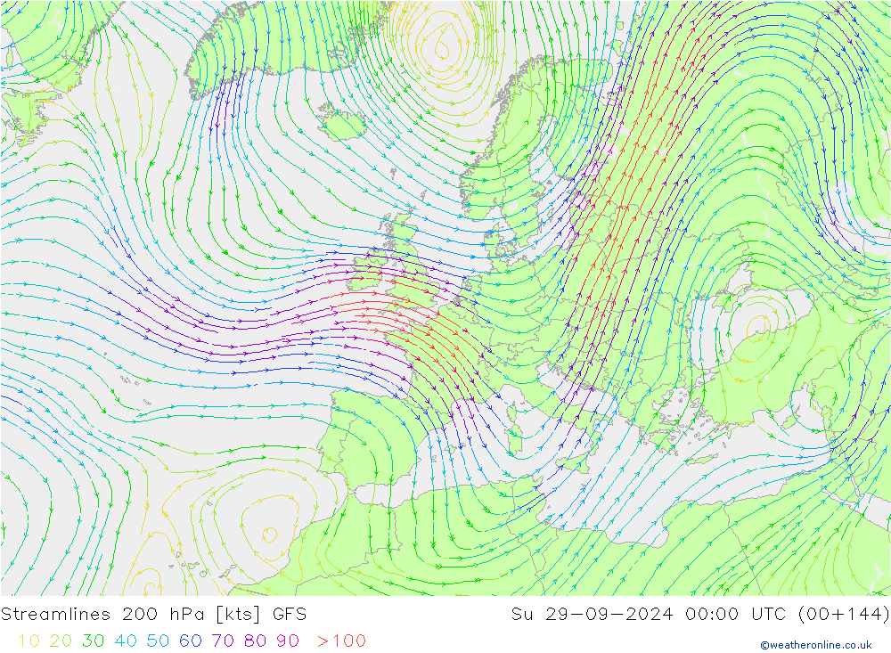 Streamlines 200 hPa GFS Su 29.09.2024 00 UTC