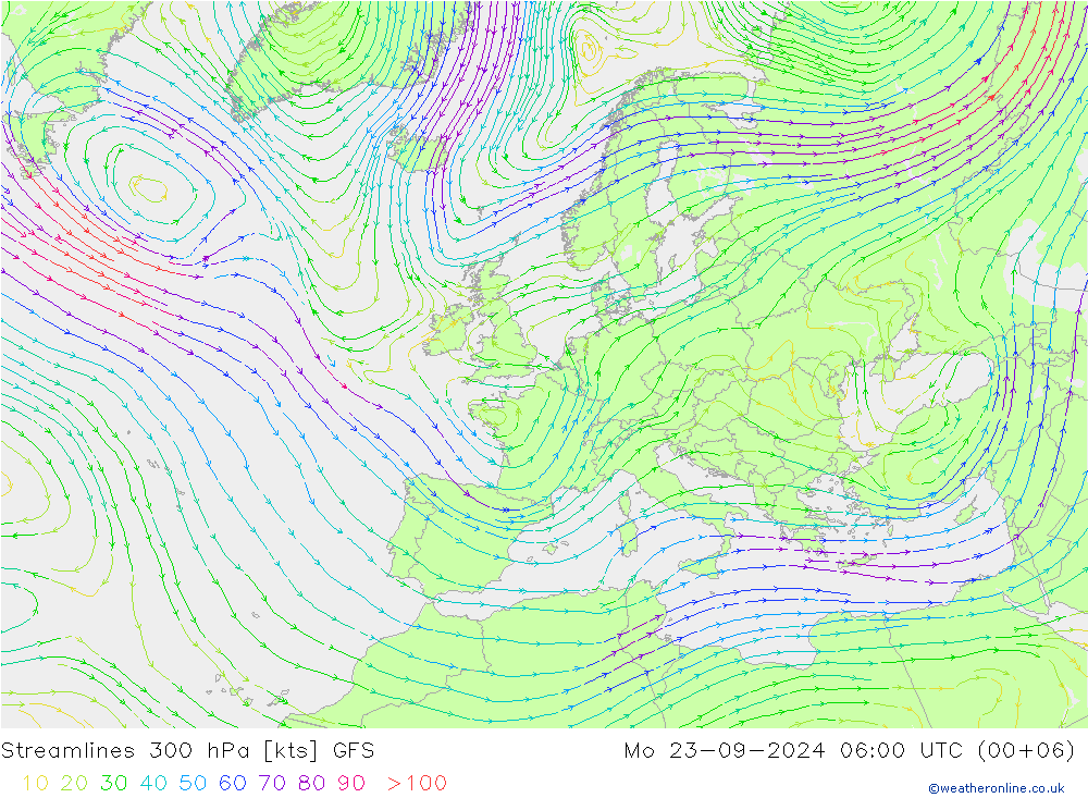 Linea di flusso 300 hPa GFS lun 23.09.2024 06 UTC