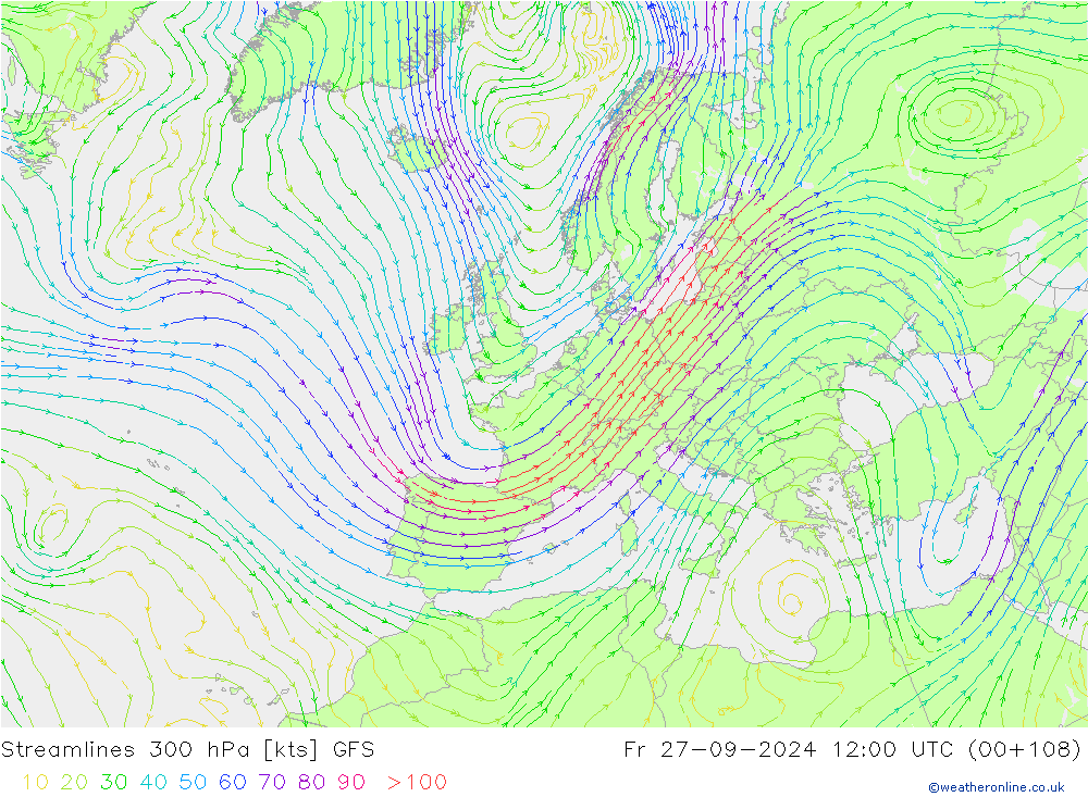 Línea de corriente 300 hPa GFS vie 27.09.2024 12 UTC