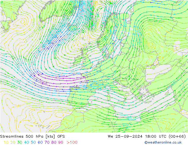 Linea di flusso 500 hPa GFS mer 25.09.2024 18 UTC