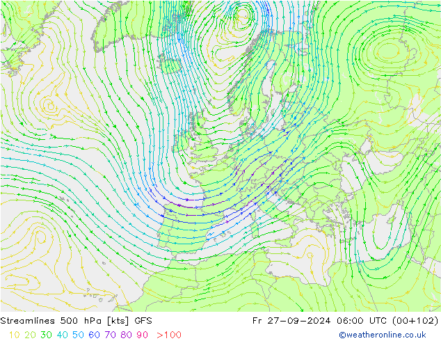 Linea di flusso 500 hPa GFS ven 27.09.2024 06 UTC