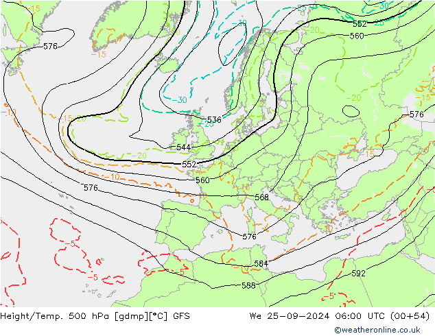 Z500/Rain (+SLP)/Z850 GFS ср 25.09.2024 06 UTC