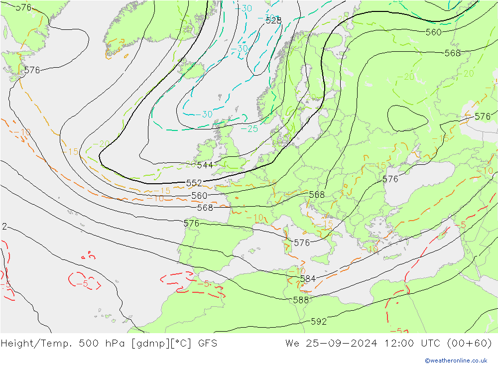 Z500/Rain (+SLP)/Z850 GFS We 25.09.2024 12 UTC