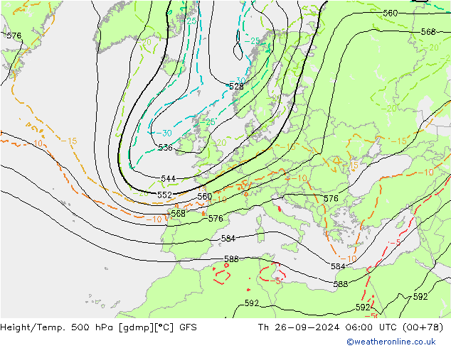 Z500/Rain (+SLP)/Z850 GFS gio 26.09.2024 06 UTC