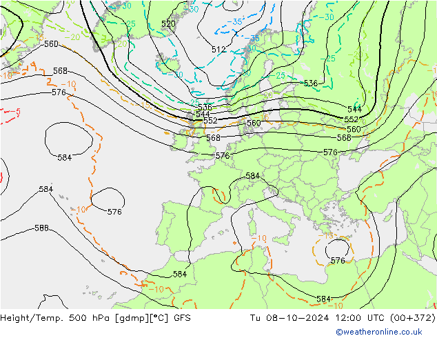 Height/Temp. 500 hPa GFS  08.10.2024 12 UTC