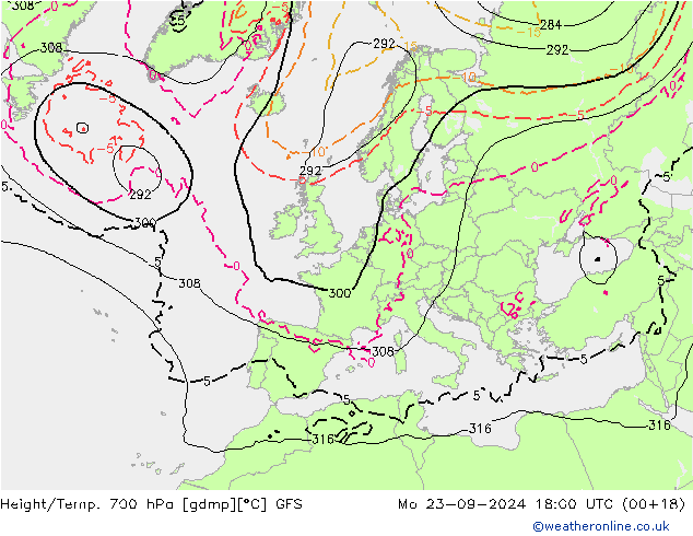 Height/Temp. 700 hPa GFS lun 23.09.2024 18 UTC