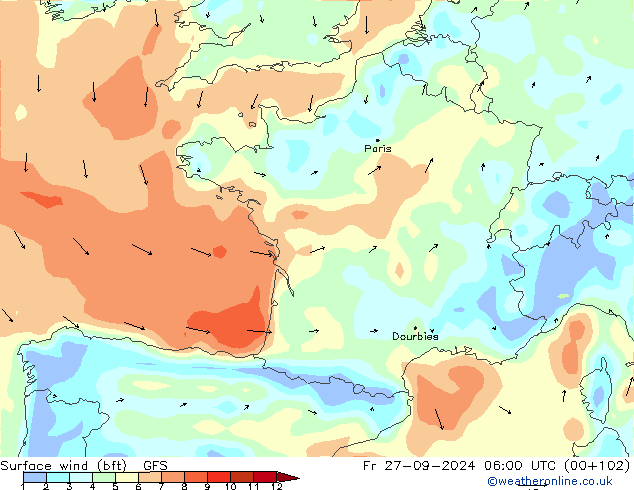 Vento 10 m (bft) GFS ven 27.09.2024 06 UTC