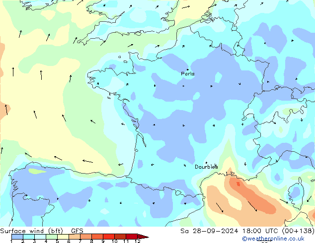 Bodenwind (bft) GFS Sa 28.09.2024 18 UTC