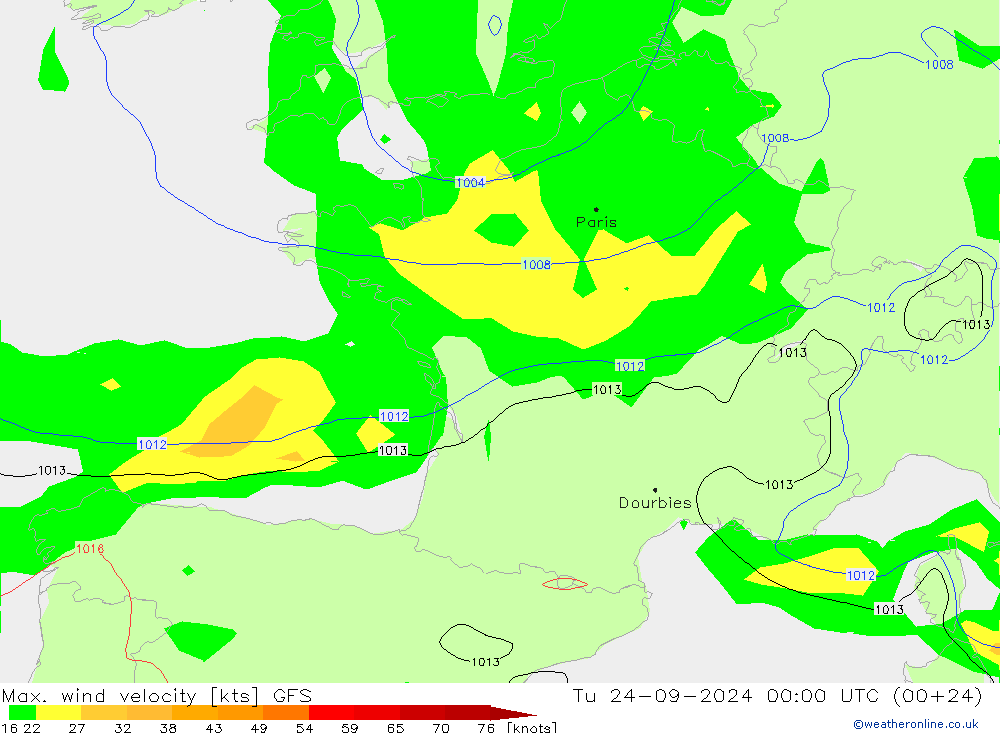 Max. wind velocity GFS вт 24.09.2024 00 UTC