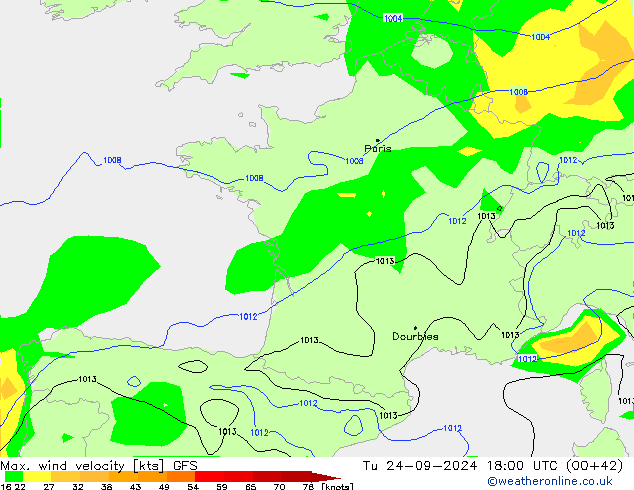 Maks. Rüzgar Hızı GFS Sa 24.09.2024 18 UTC