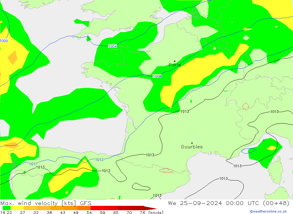 Max. wind velocity GFS mié 25.09.2024 00 UTC