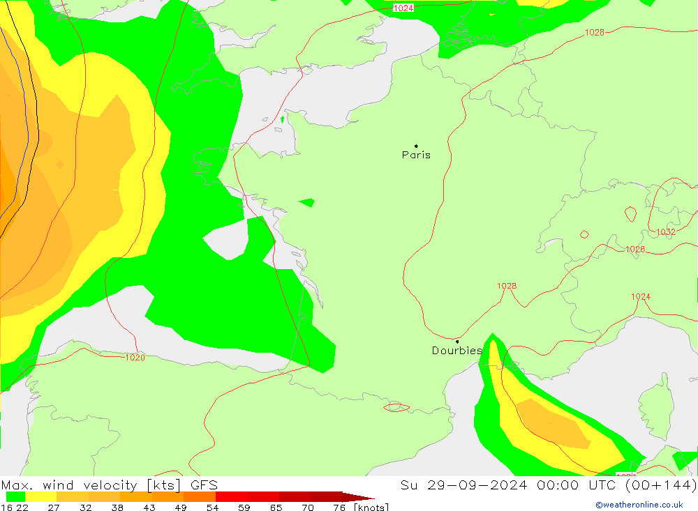 Max. wind velocity GFS Su 29.09.2024 00 UTC