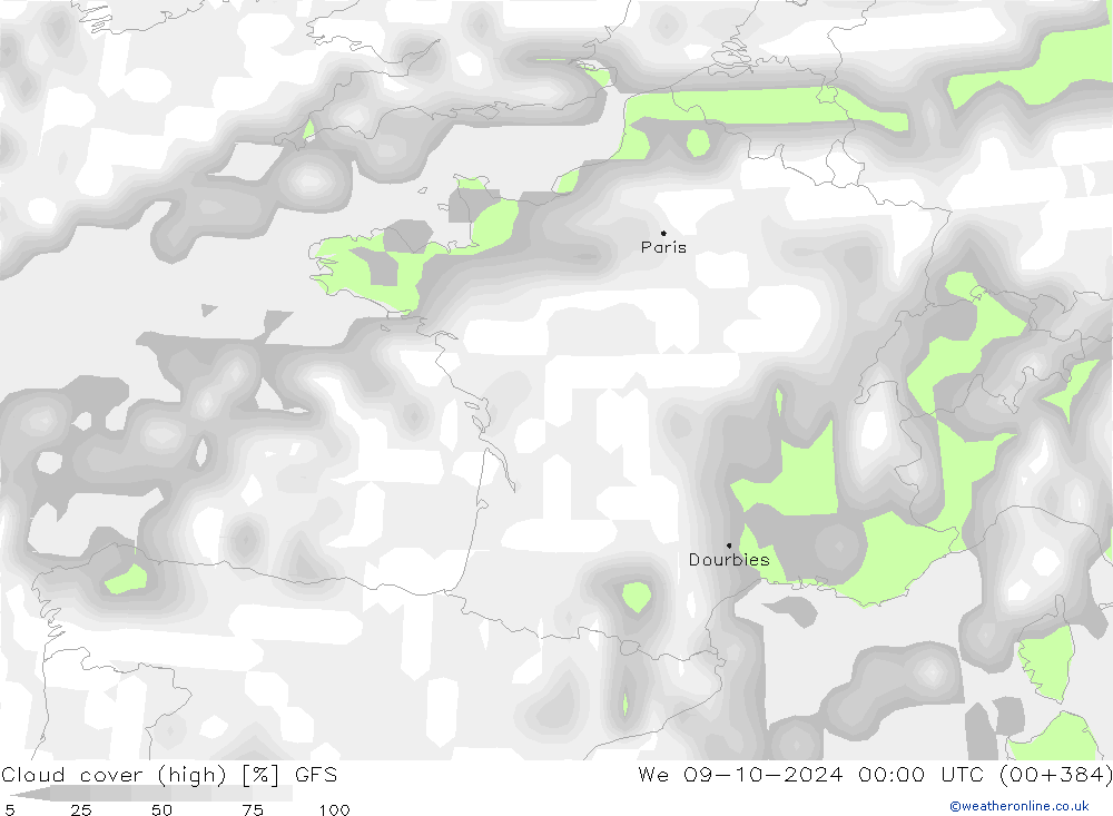 Nuages (élevé) GFS mer 09.10.2024 00 UTC