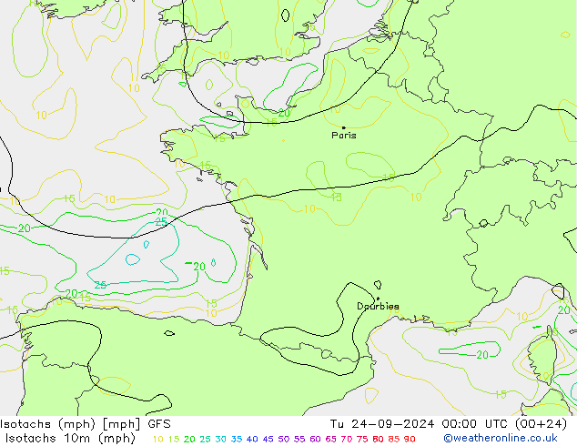 Izotacha (mph) GFS wrzesień 2024