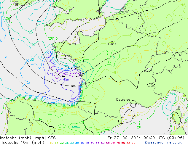 Eşrüzgar Hızları mph GFS Cu 27.09.2024 00 UTC