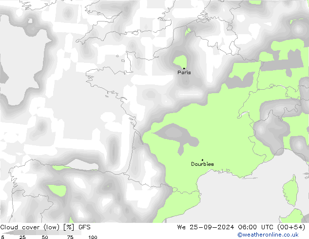 Cloud cover (low) GFS We 25.09.2024 06 UTC