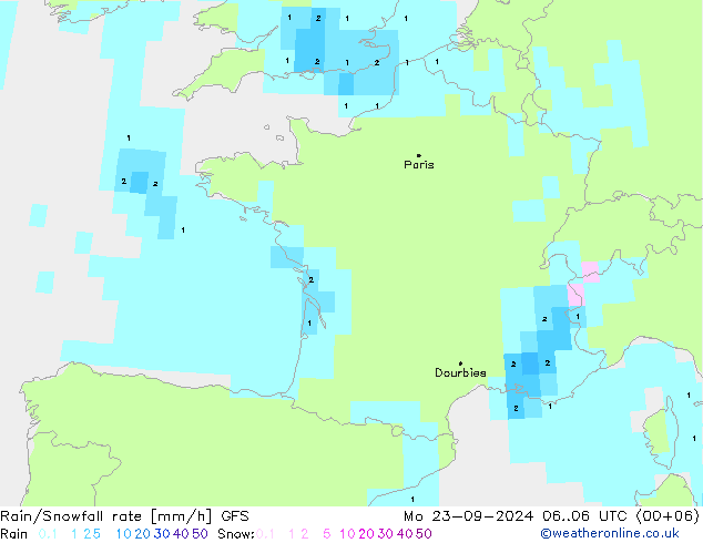 Rain/Snowfall rate GFS Seg 23.09.2024 06 UTC