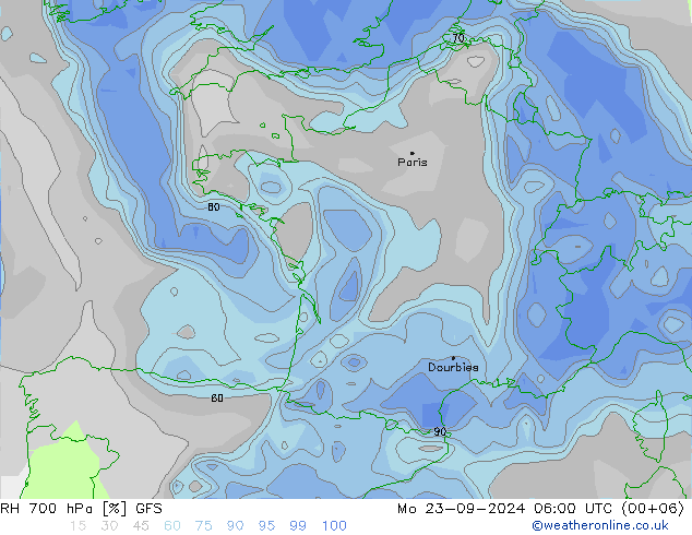 RH 700 hPa GFS Mo 23.09.2024 06 UTC