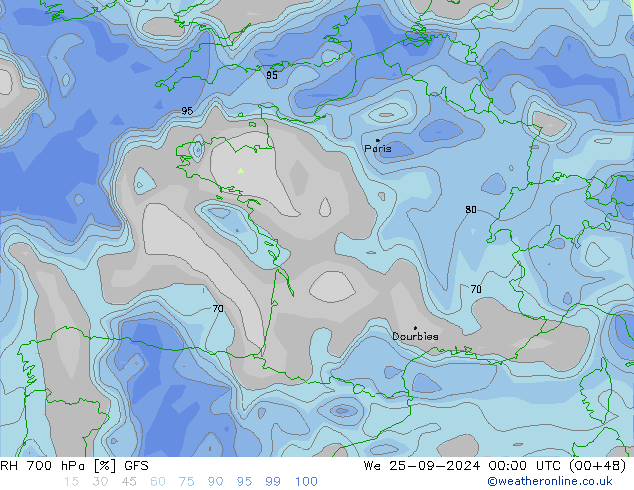 Humidité rel. 700 hPa GFS mer 25.09.2024 00 UTC