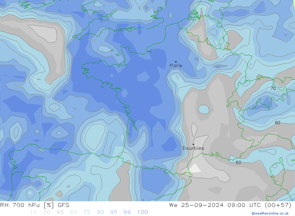 Humedad rel. 700hPa GFS mié 25.09.2024 09 UTC